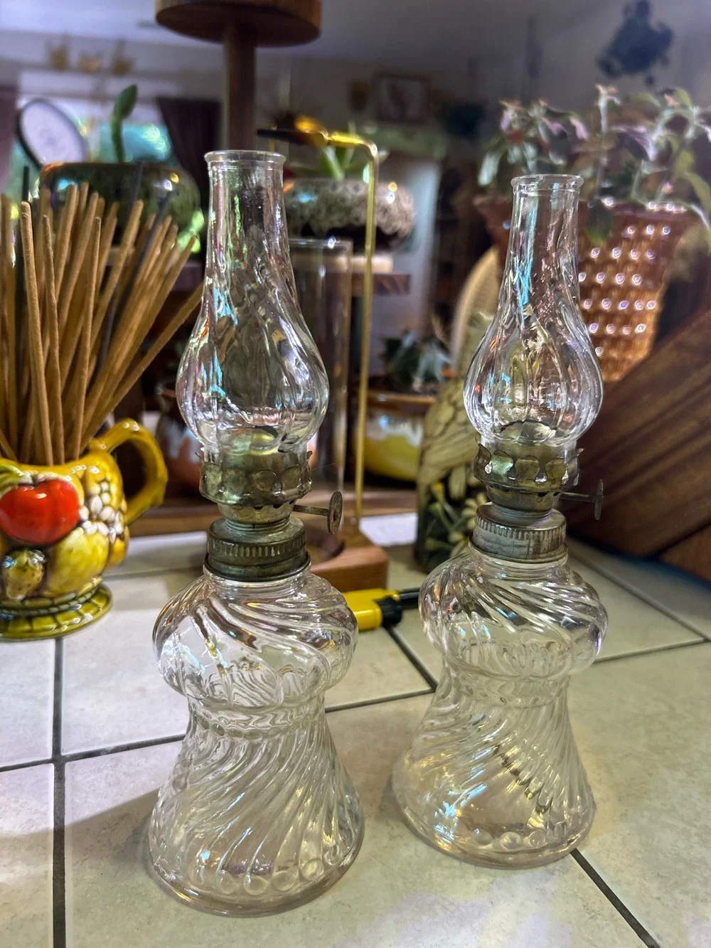 Pair of vintage clear glass miniature hurricane lamps